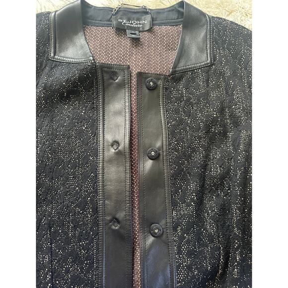 St John Couture Tweed wool Blazer Jacket Size 12 Black Leather Trim  button Knit - Picture 6 of 11
